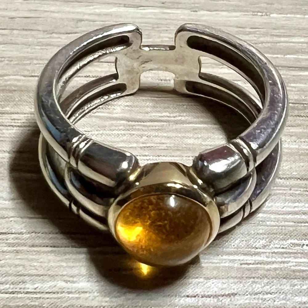 Designer Hallmarked M Sterling Silver & 18K Gold Bezel Set Citrine Ring, Size 6
